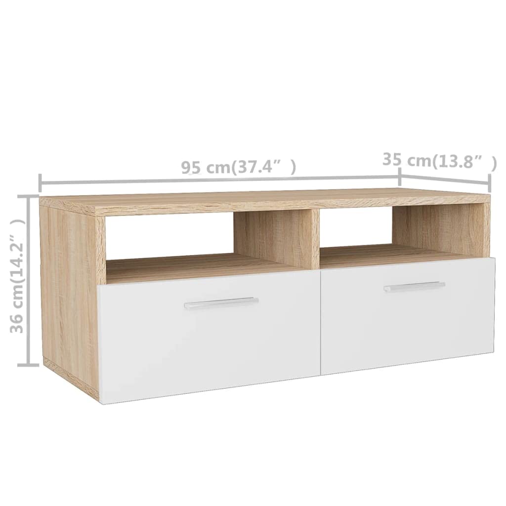vidaXL 37.4&quot; Engineered Wood TV Stands with PVC Edges - Oak and White - Modern Design with Ample Storage - Set of 2