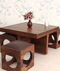 Custom Decor Solid Sheesham Wood Coffee Table With 4 Stools | Center Table For Living Room With Cushioned Stools | Teapoy For Li