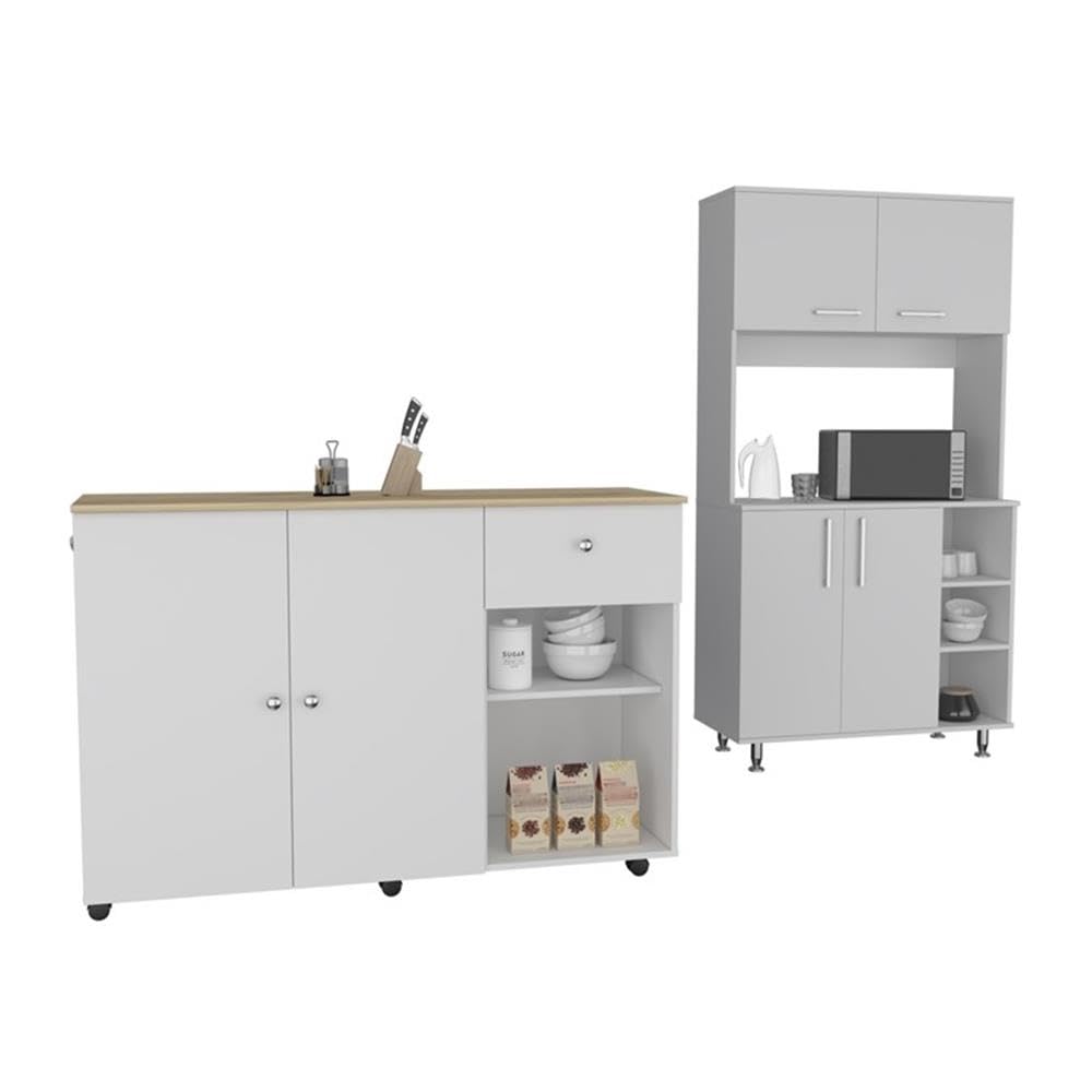 Depot E-Shop Edmond 2 Piece Kitchen Set, Kitchen Island + Kitchen Pantry, White/Light Oak