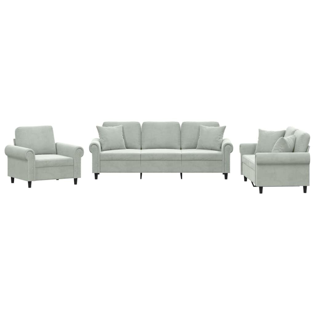 vidaXL 3-Piece Sofa Set with Cushions - Light Gray Velvet Upholstery - Indoor, Living Room, Lounge, Office Furniture, Comfortable Seating, Modern Design