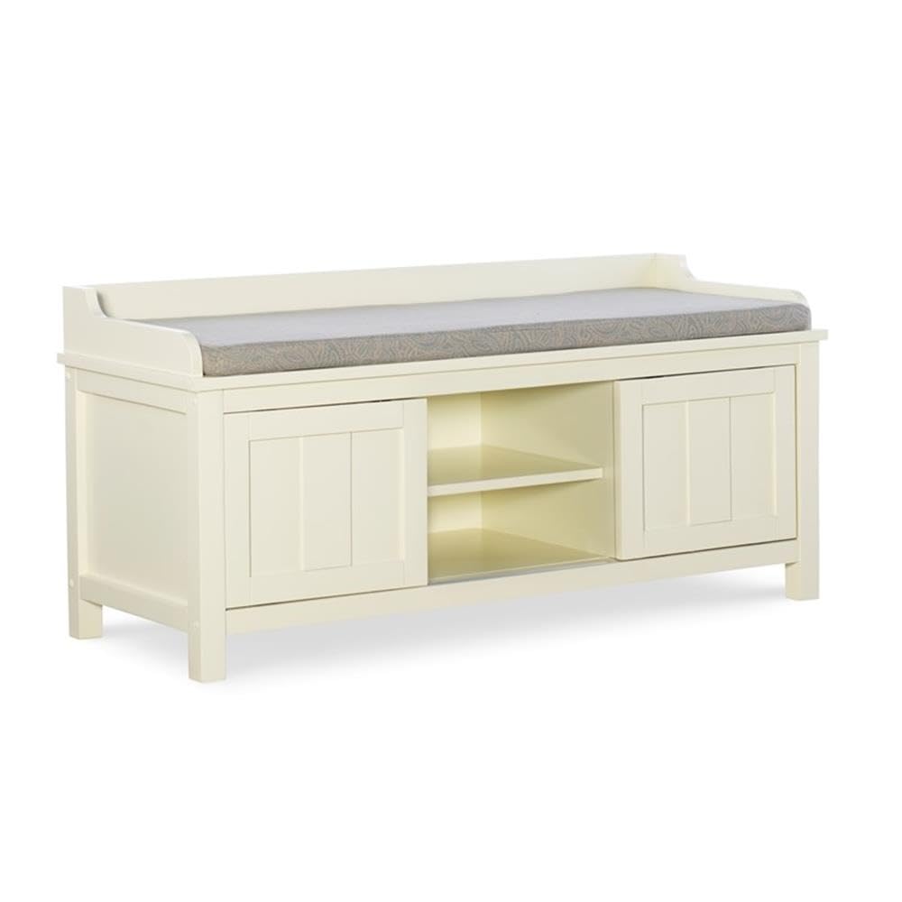 Linon Lakeville Entryway Storage Bench Padded Seat Sliding Doors in White