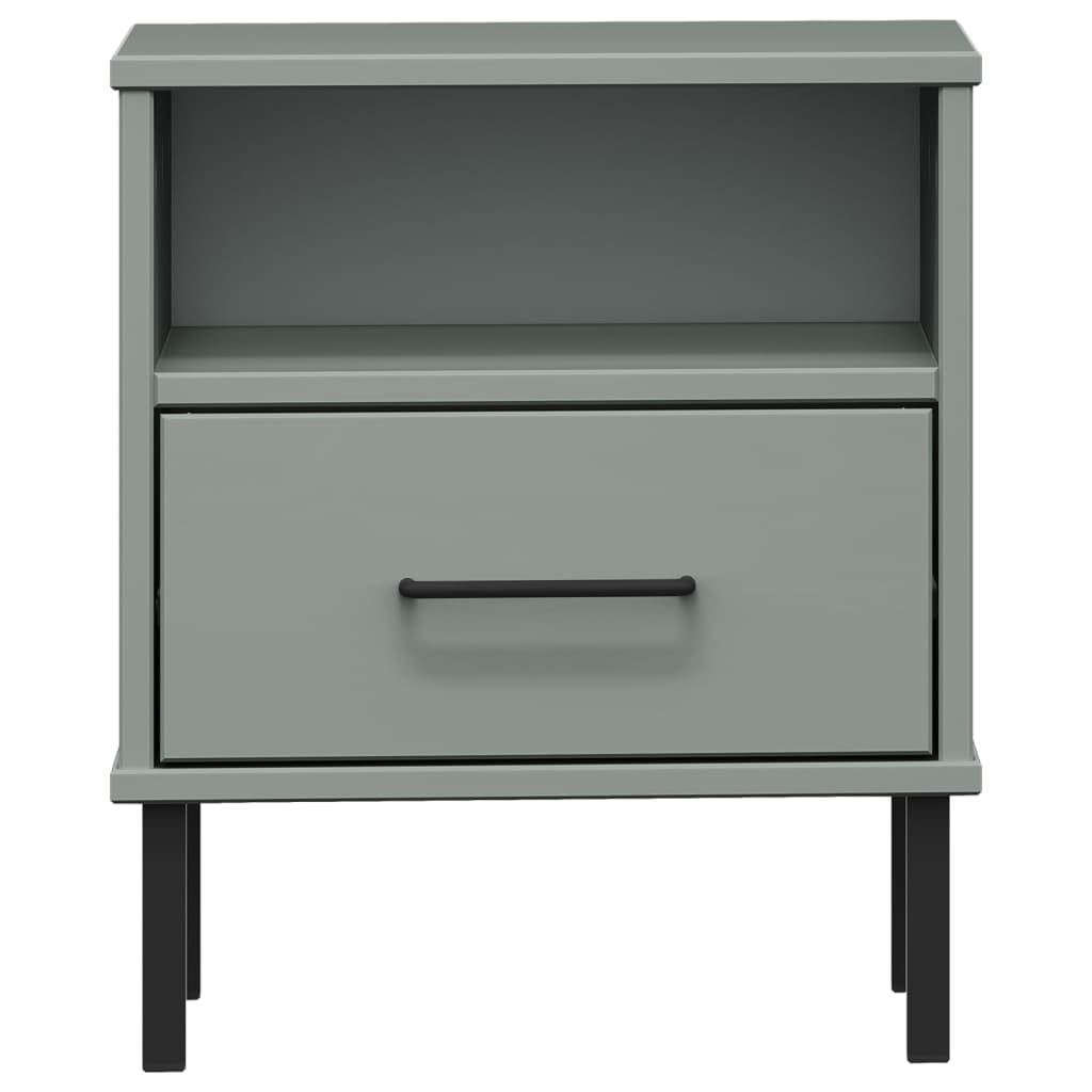 vidaXL Oslo Bedside Cabinet - Solid Pine Wood Bedroom Furniture with Metal Legs, Ample Storage Space, Sturdy & Durable Gray End Table