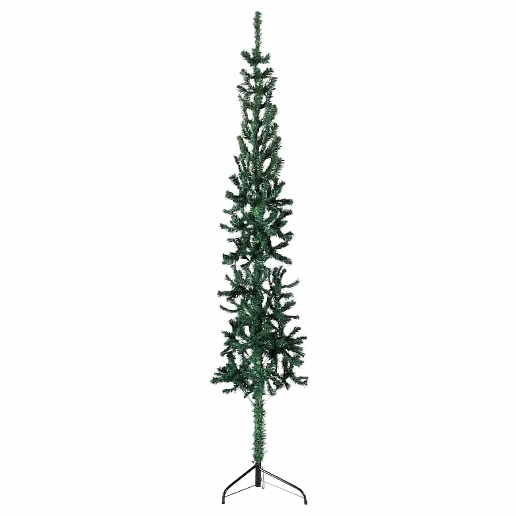 vidaXL 7 ft Slim Artificial Green Christmas Tree with Stand - Half Round Shape, PVC and Steel - Space Saving Wall-Fitted Xmas Tree for Small Space