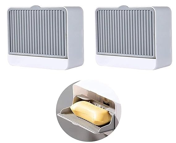 BRAHMBHAV Creative Wall Mounted Soap Box with Lid Double Grids Soap Draining Rack Bathroom Soap Holder (1 Lid, 2)
