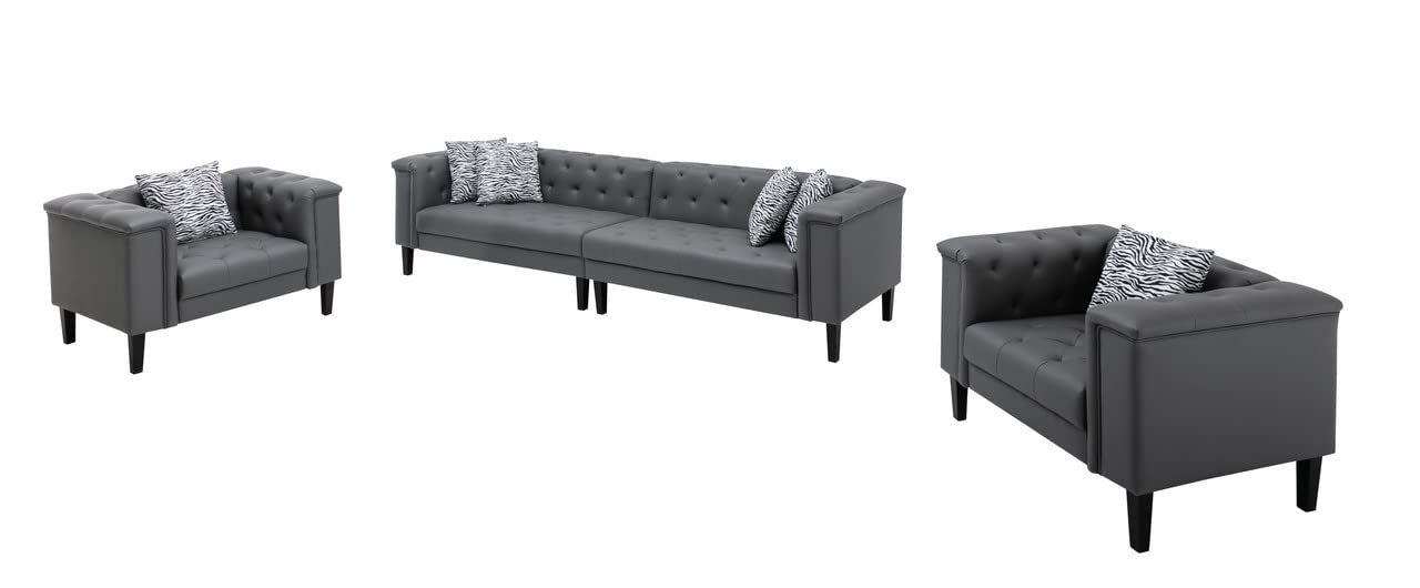 Lilola Home Sarah Gray Vegan Leather Tufted Sofa 2 Chairs Living Room Set with 6 Accent Pillows