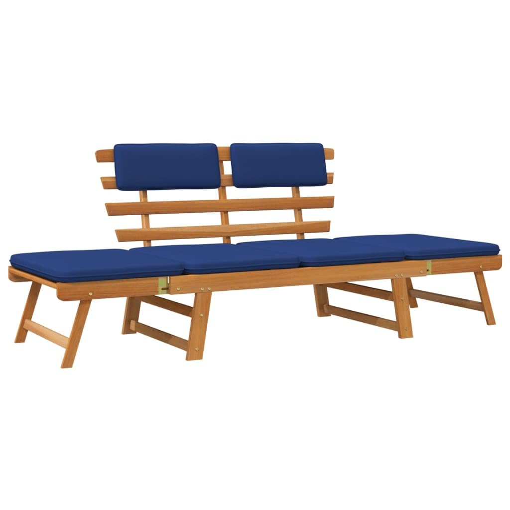 vidaXL Convertible Patio Bench and Day Bed with Blue Cushions - Solid Acacia Wood - Outdoor 2-in-1 Furniture - Garden Deck, Lawn, Backyard Seating, and Lying Comfort