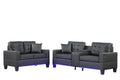 Genesis Black PVC Fabric Sofa Loveseat Living Room Set with LED Lights, USB Charger, Storage Console, Cupholders, Tufted Cushion
