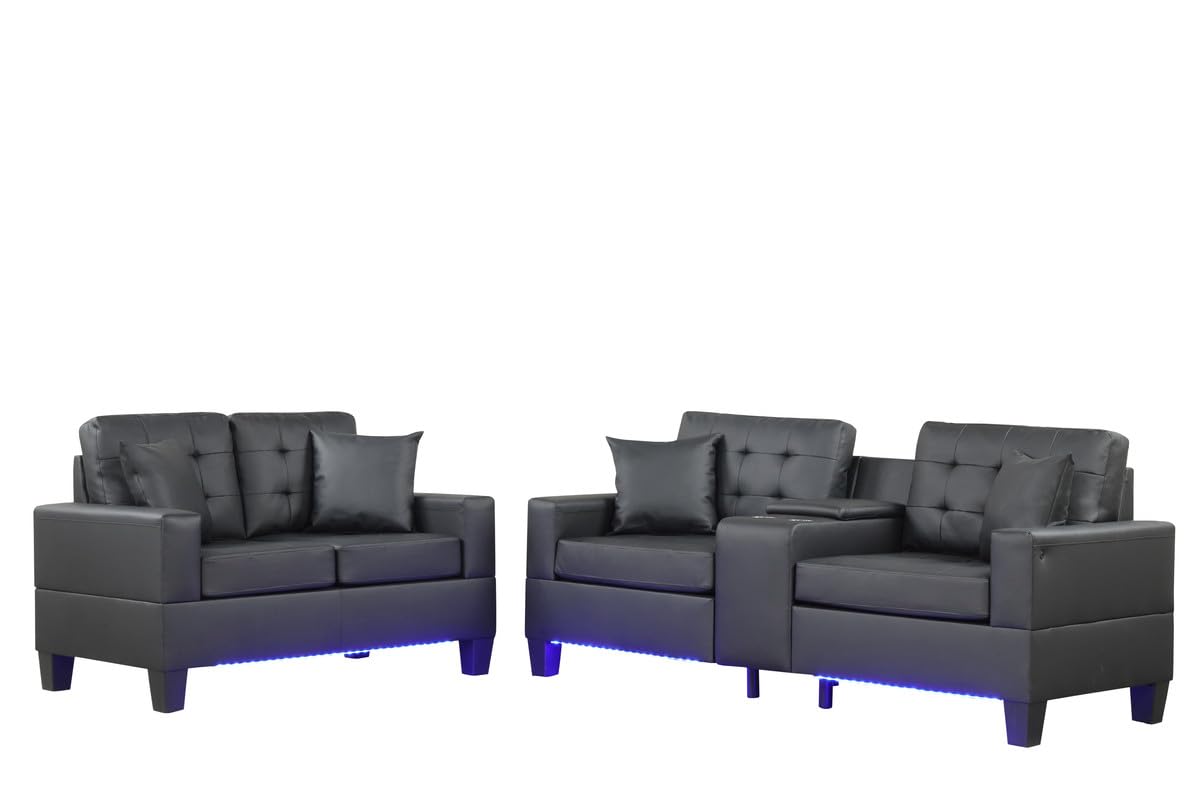 Genesis Black PVC Fabric Sofa Loveseat Living Room Set with LED Lights, USB Charger, Storage Console, Cupholders, Tufted Cushion