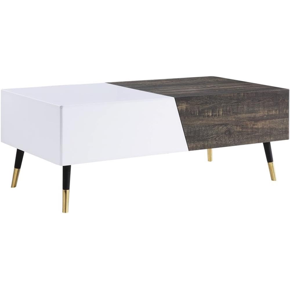 Acme Orion Rectangular Wooden Coffee Table in White High Gloss and Rustic Oak