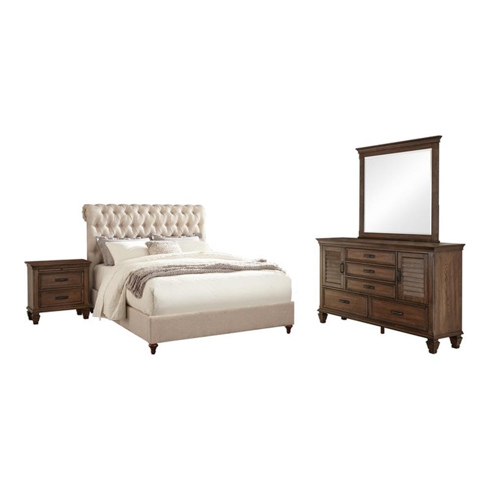 Coaster Home Furnishings Devon Farmhouse 4-Piece Bedroom Set Fabric Upholstered Eastern King Size Panel Bed Frame 57-Inch Headboard Burnished Oak 300525Ke-S4