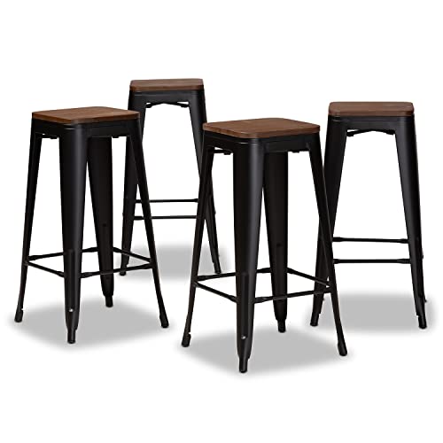 Baxton Studio Horton Modern and Contemporary Black Metal and Walnut Brown Finished Wood 4-Piece Bar Stool Set