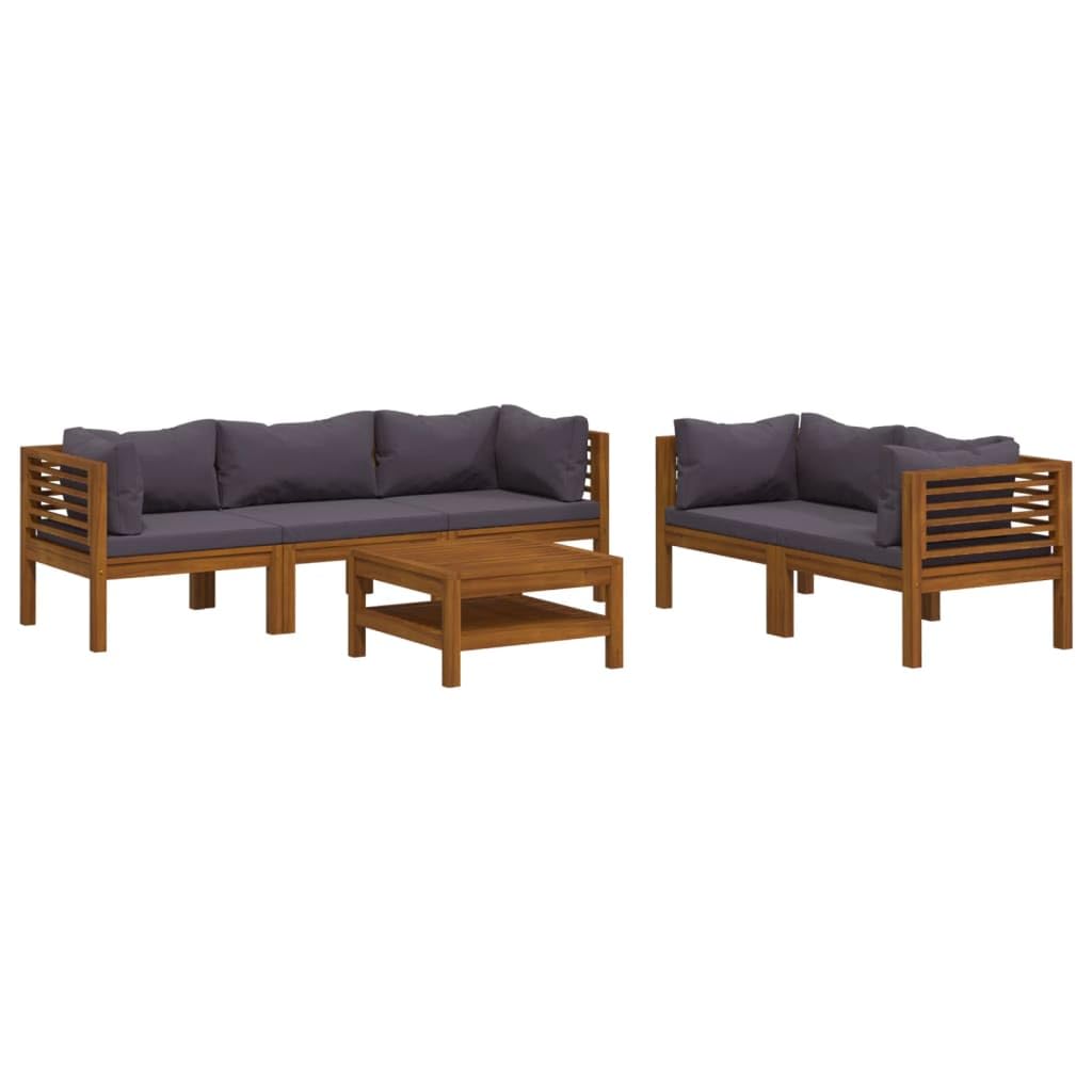 vidaXL 6-Piece Patio Lounge Set - Solid Acacia Wood Construction with Dark Gray Cushions - Suitable for Outdoor Use - Includes Table, Corner & Middle Sofas