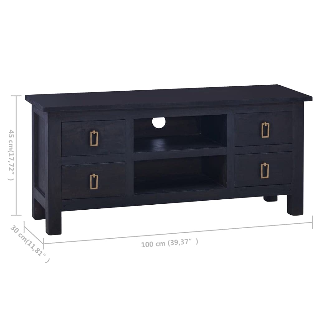 vidaXL Solid Mahogany Wood TV Stand - Lightweight Storage Unit with Four Drawers and Two Shelves - Natural Light Black Coffee Color Finish - 39.4&quot;x11.8&quot;x17.7&quot; Dimensions