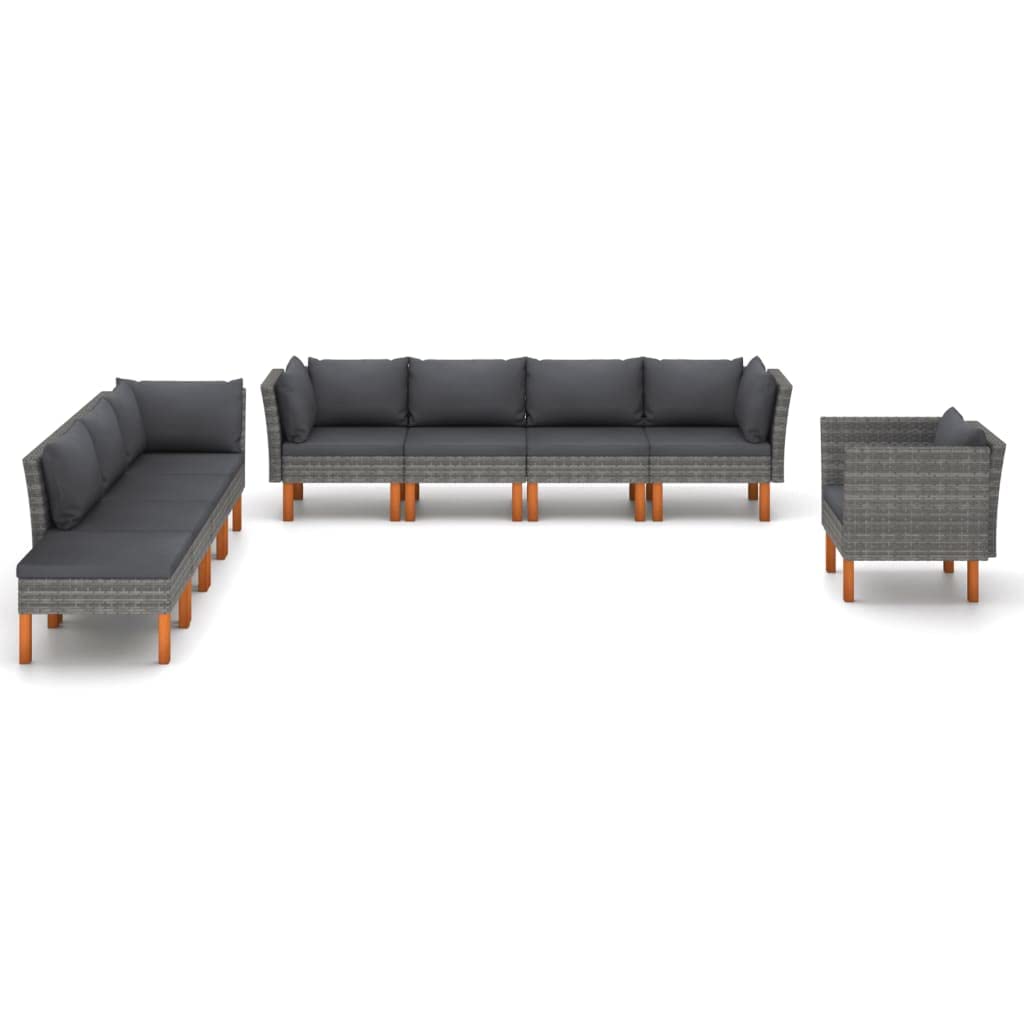 vidaXL Outdoor Patio Lounge Set of 9 - PE Rattan, Powder-Coated Steel and Eucalyptus Wood, with Removable Cushions - Gray/Anthracite