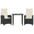 vidaXL 3 Piece Patio Dining Set/Outdoor Reclining Garden Chairs with Cushions/Black Poly Rattan/Glass Tabletop/Adjustable Backrest