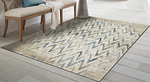 HomeRoots Ivory Heat-Set Polypropelene 5’ x 8’ Beige Blue Distressed Chevron Area Rug