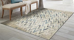 HomeRoots Ivory Heat-Set Polypropelene 5’ x 8’ Beige Blue Distressed Chevron Area Rug
