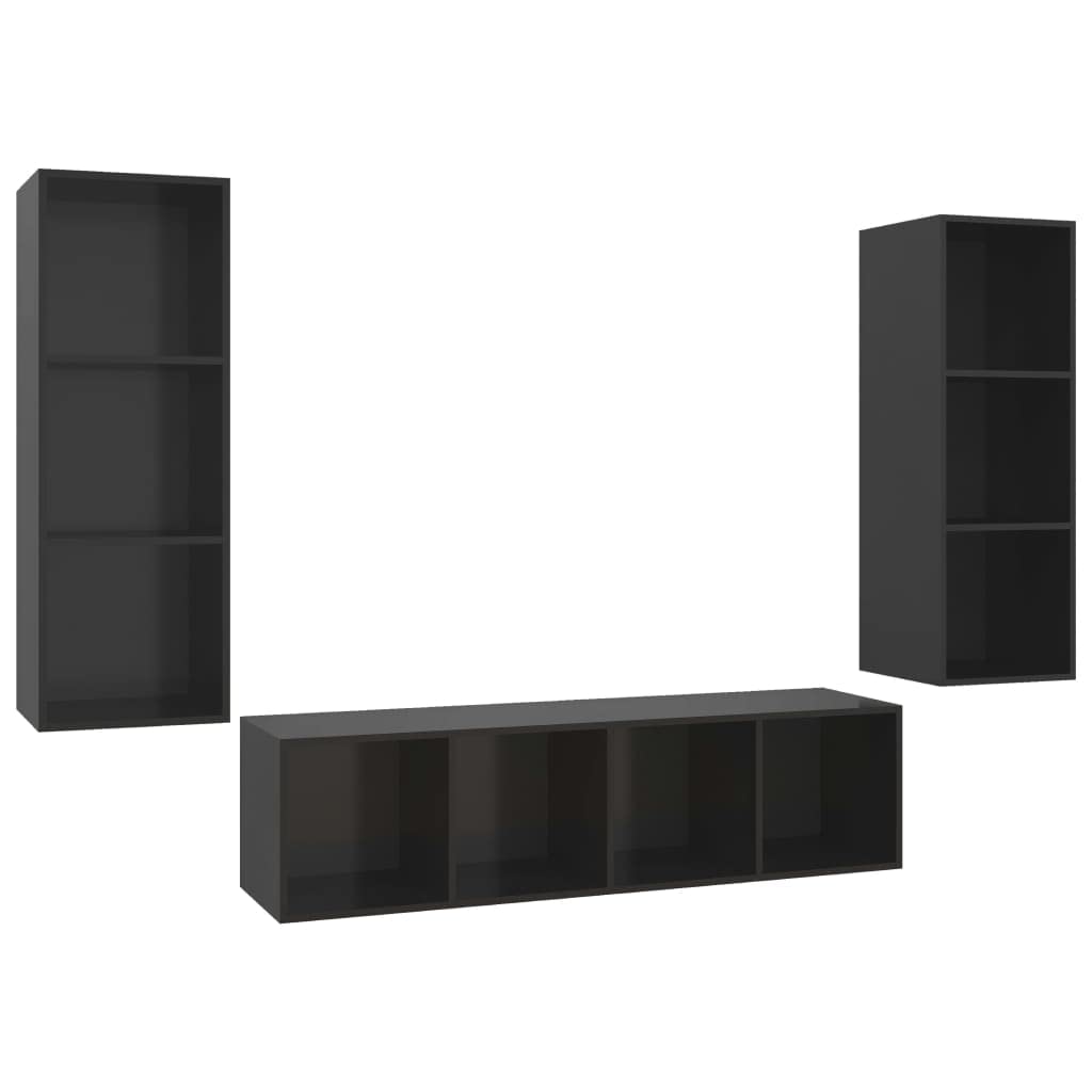 Vidaxl 3 Piece Tv Stand Set - Modern Floating Entertainment Unit - High Gloss Black Engineered Wood - Spacious Storage - Easy To Clean