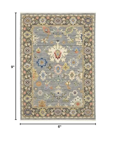 HomeRoots 509349 6 x 9 ft. Blue Gray Gold Green Pink Orange Ivory & Red Oriental Power Loom Stain Resistant Rectangle Area Rug with Fringe