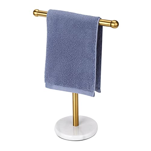 Gold Hand Towel Holder Stand with Heavy Marble Base, T-Shape Towel Rack, Free-Standing for Bathroom Vanity Countertop, 304 Stain