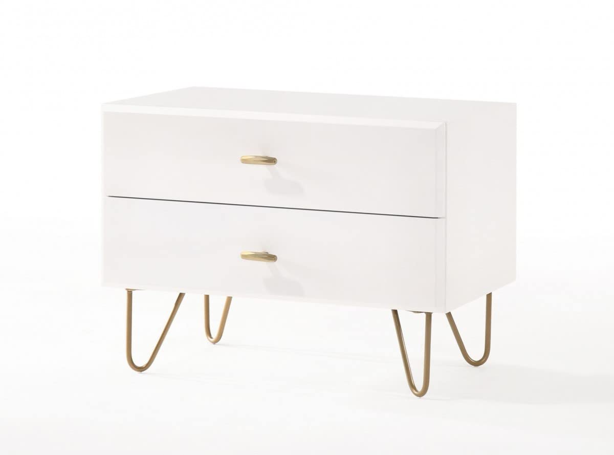 HomeRoots White, Gold MDF, Metal Contemporary White and Gold Nightstand with Two Drawers