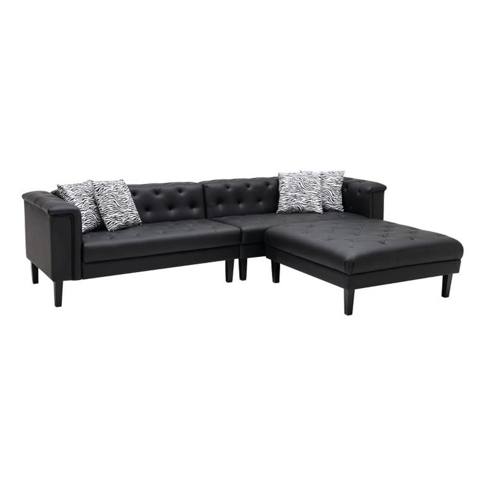 Lilola Home Sarah Black Vegan Leather Tufted Sofa Ottoman Living Room Set With 4 Accent Pillows