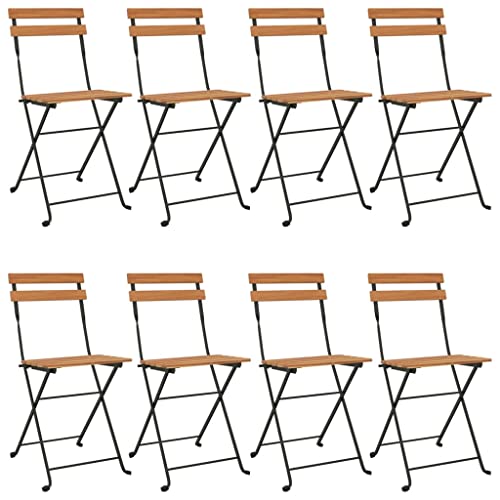 Vidaxl Folding Bistro Chairs - Set Of 8 - Solid Teak Wood And Steel Frame - For Patio, Garden And Terrace - Easy Assembly - Brown