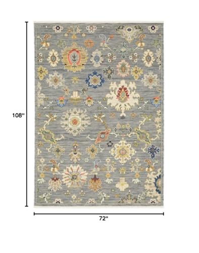 HomeRoots 509321 6 x 9 ft. Gray Ivory Gold Salmon Red Blue & Green Oriental Power Loom Stain Resistant Rectangle Area Rug with Fringe