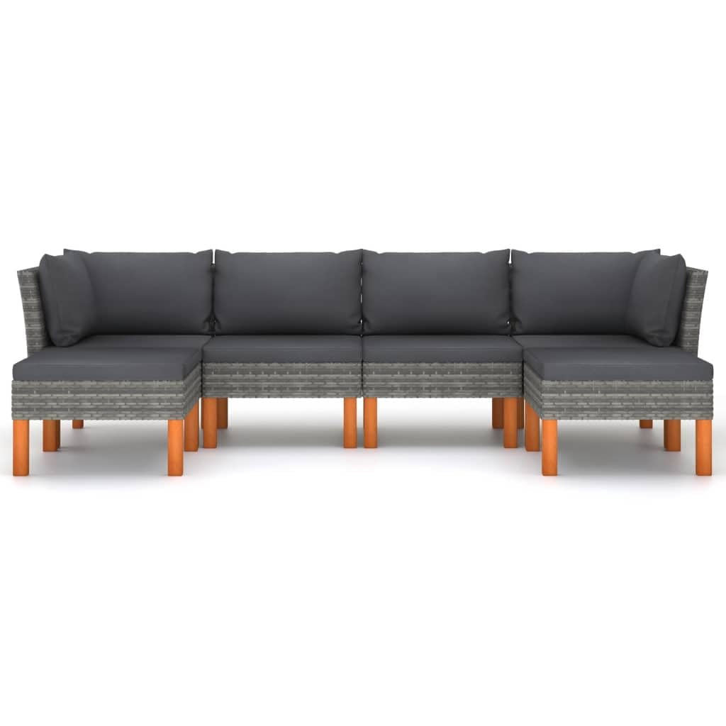 vidaXL 6-Piece Gray Patio Lounge Set - Poly Rattan Outdoor Seating with Cushions, Eucalyptus Wood Legs, Easy Assembly, Modern Farmhouse Design