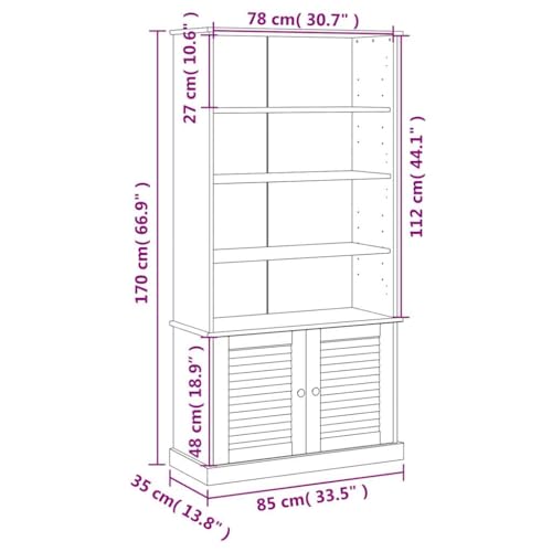 vidaXL VIGO Gray Solid Wood Pine Bookcase Storage - 3 Shelf Bookcase with Doors, Metal Knobs - 33.5&quot; x 13.8&quot; x 66.9&quot;