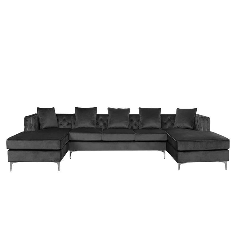 Lilola Home Ryan Dark Gray Velvet Double Chaise Sectional Sofa with Nail-Head Trim