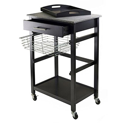 Ergode Julia Kitchen Cart - Sleek & Modern Design, Granite Top, Metal Basket, Removable Tray, Casters, Ample Storage, Black Finish. Dimensions: 22.6' W x 16' D x 34.1' H. (20322-VV)