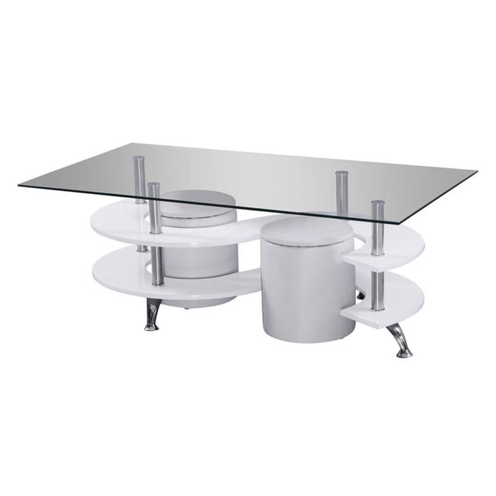 Furniture Contemporary Glass Coffee Table With White Faux Leather Stools