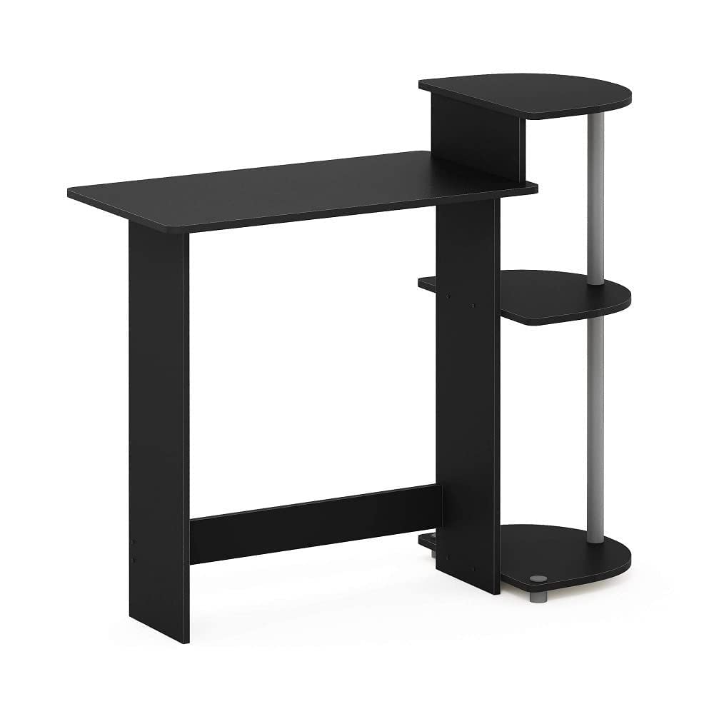 Furinno Compact Computer Desk with Shelves, Round Side, Black/Grey
