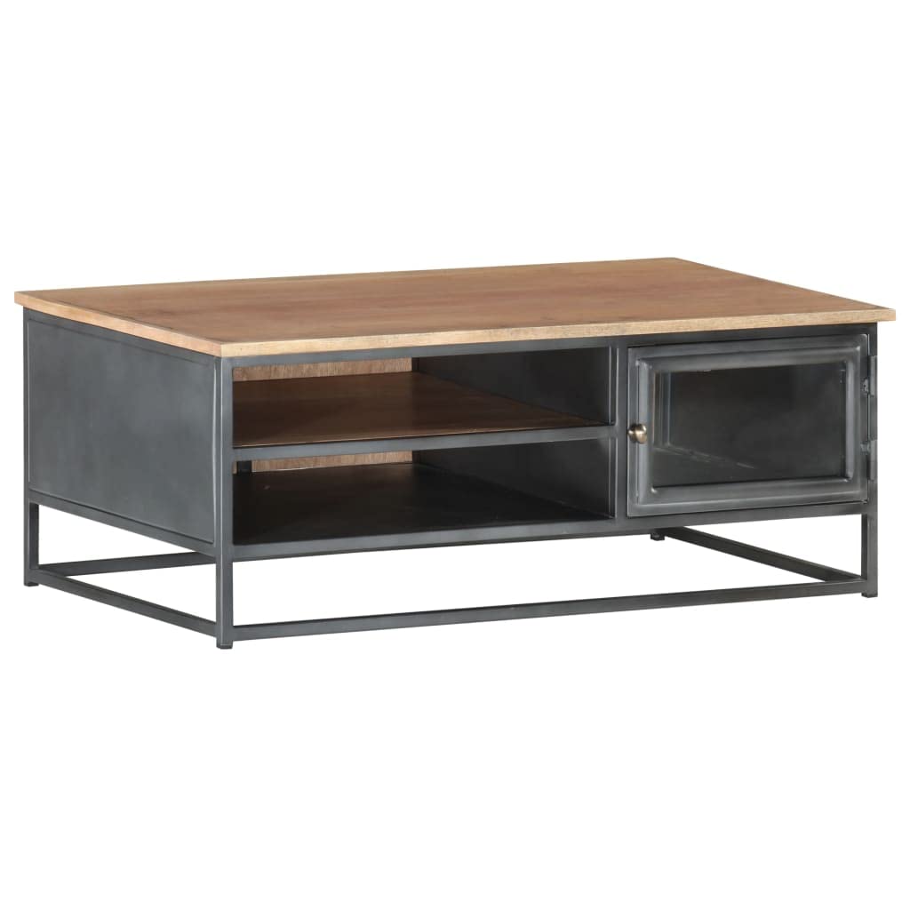 vidaXL Solid Acacia Wood Coffee Table with Storage Compartments and Glass Door, Stylish Hardwood Center Table with Steel Legs for Living Room or Office, Gray, 35.4&quot;x19.7&quot;x13.8&quot;
