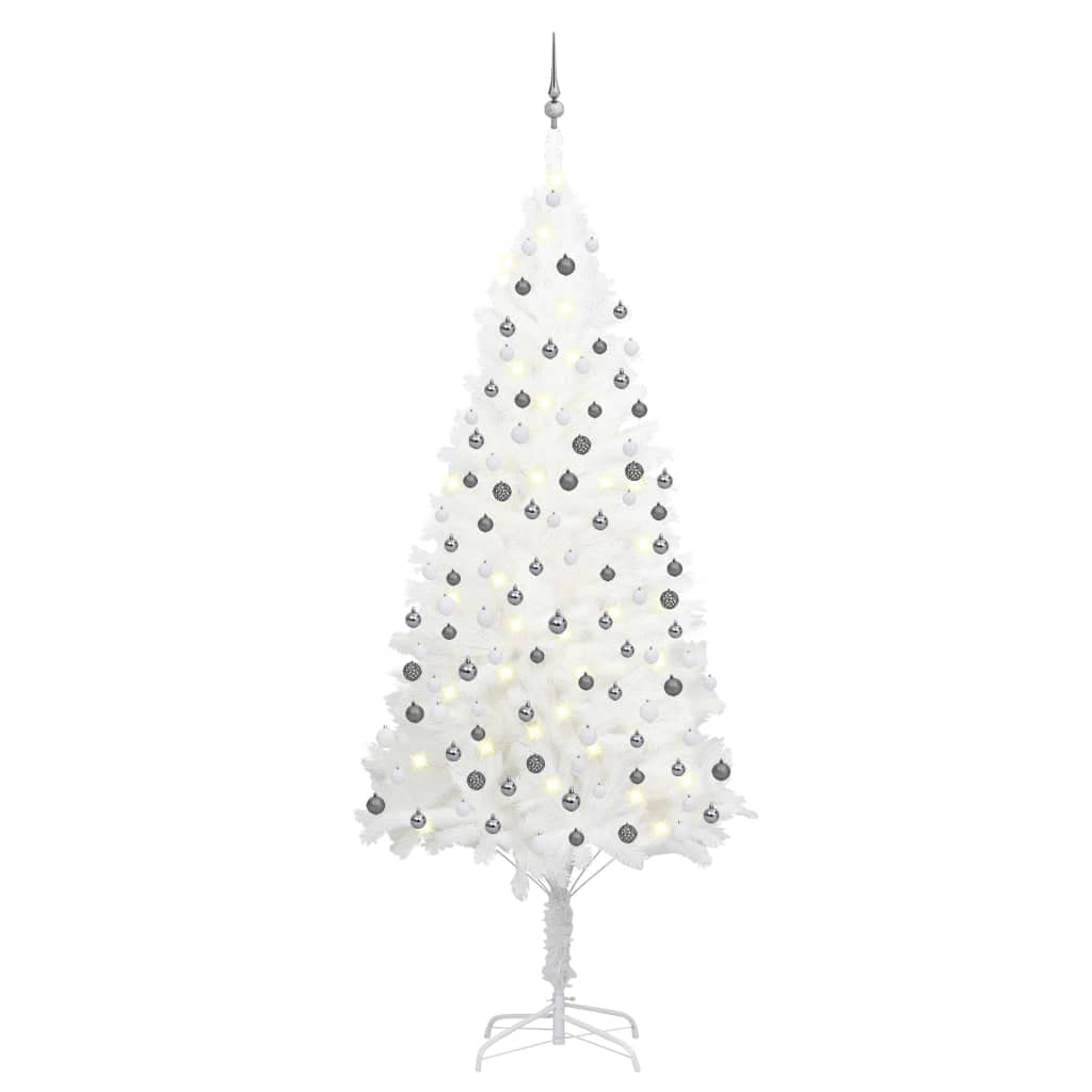 vidaXL 94.5&quot; Artificial Christmas Tree with LEDs & Ball Set - Lifelike PE Branches, Durable Steel Base, Easy to Assemble - Ideal for Home & Commercial Holidays Decorations - White