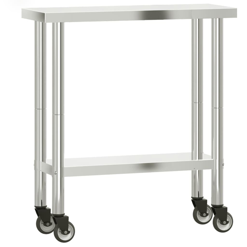vidaXL Stainless Steel Kitchen Work Table on Wheels - 32.5&quot;x11.8&quot; Prep Space with Adjustable Storage Shelf for Restaurants, Bars, Schools