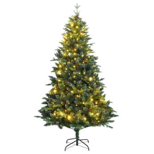 vidaXL Artificial Hinged Christmas Tree with 300 LEDs, 8 Lighting Modes, Lifelike PE Tips, Red Berries Decoration and Sturdy Stand - Total Height 82.7&quot;