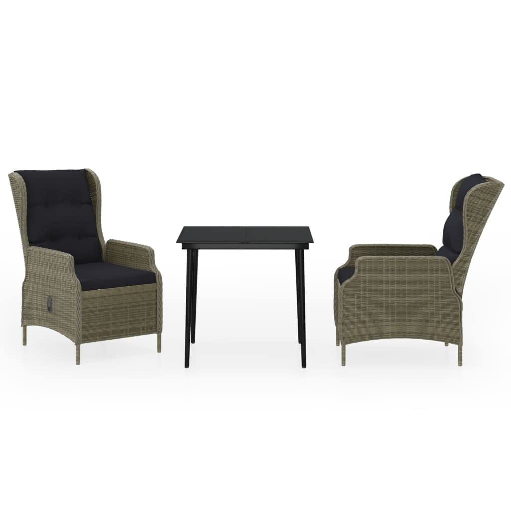 vidaXL 3-Piece Patio Dining Set - Outdoor Garden Furniture with Adjustable Reclining Chairs, Weather-Resistant PE Rattan, Removable Cushions, Glass Tabletop, Easy Maintenance - Brown/Black