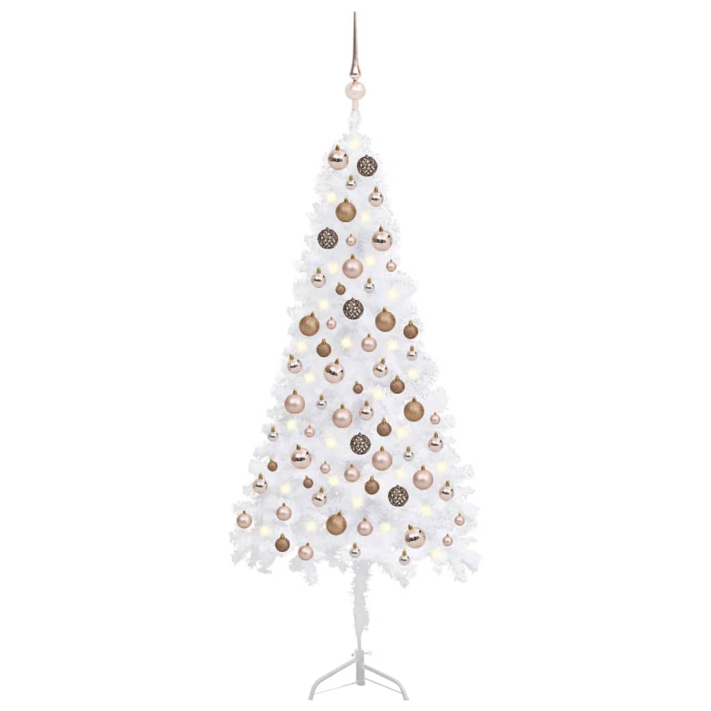 Vidaxl Corner Artificial Christmas Tree With Leds And Ball Set - White 47.2 Inch, Pvc Christmas Decorations Including Steel Stand, Ideal For Limited Space