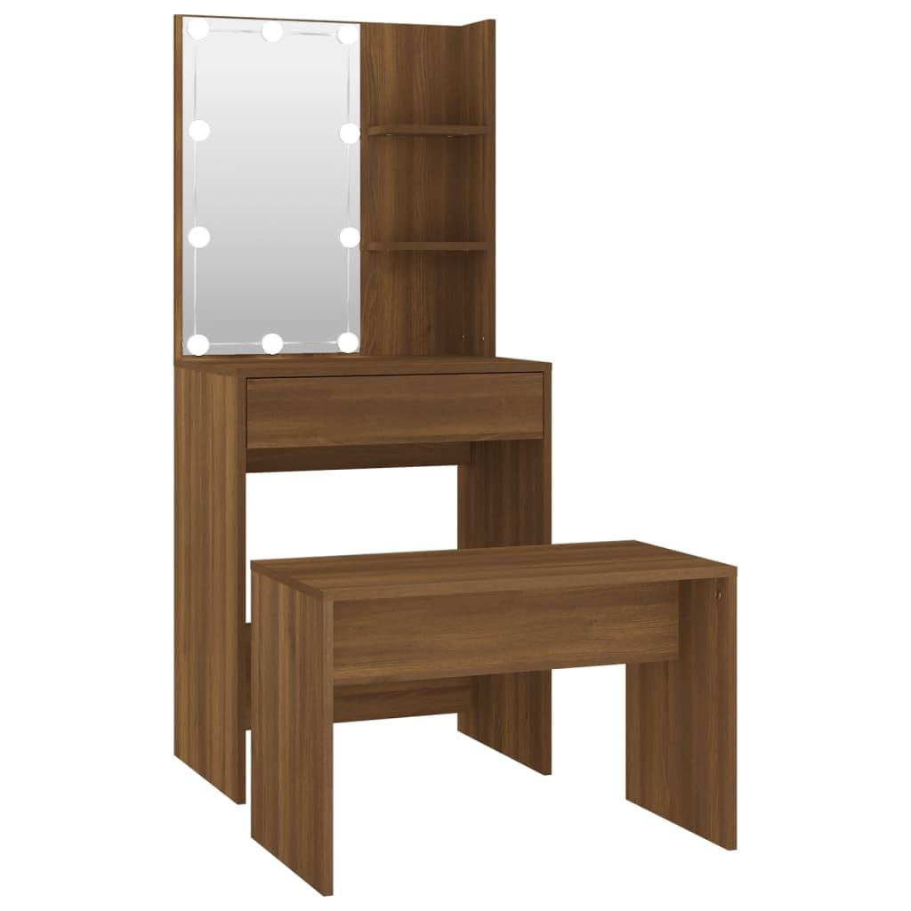 vidaXL Dressing Table Set with LED Makeup Vanity Desk Jewellery Cosmetic Mirrored Dressing Table Set with Stool Brown Oak Engineered Wood