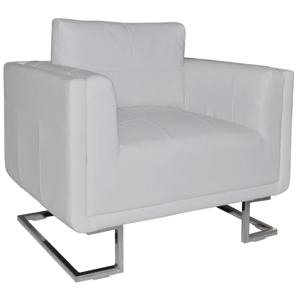 vidaXL Armchair, Lounge Chair Single Sofa with Chrome Feet, Modern Upholstered Armchair for Home Office Living Room, White Leather