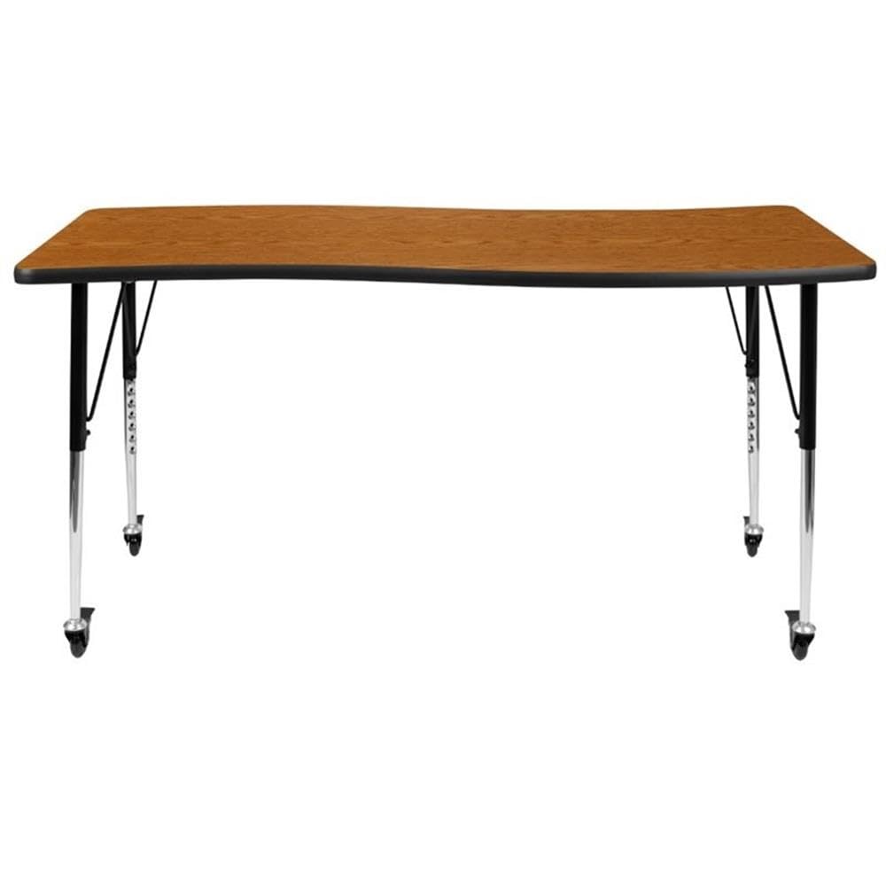 Flash Furniture Mobile 26"W x 60"L Rectangular Wave Collaborative Oak Thermal Laminate Activity Table - Standard Height Adjustable Legs