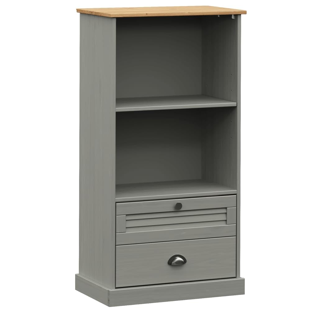 vidaXL VIGO Gray Solid Pine Wood Bookcase Storage with 2 Tier Shelves/2 Drawers - Rustic Bookshelf for Living Room/Study/Bedroom