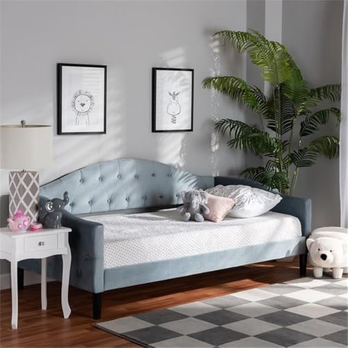 Baxton Studio Benjamin Modern and Contemporary Light Blue Velvet Fabric Upholstered and Dark Brown Finished Wood Twin Size Daybed