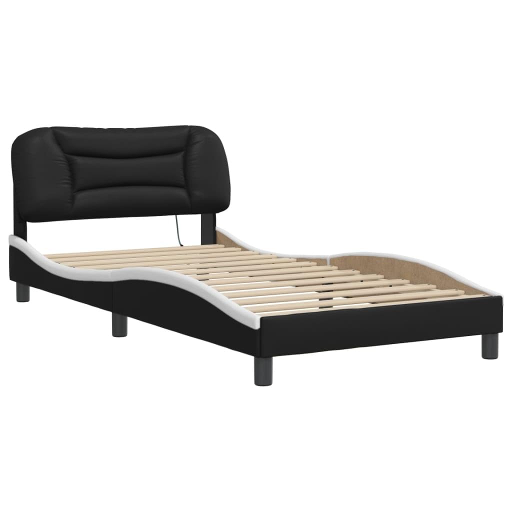 vidaXL Twin XL Bed Frame with LED Lights - Durable Black & White Faux Leather, Plywood Slats, Waved Design, Comfort Headboard