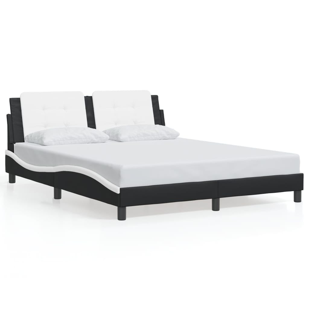 vidaXL Queen Bed Frame with Headboard - Black and White Faux Leather, Modern Waved Design, Plywood Slats, Assembly Required - 59.8” x 79.9”, Stylish Bedroom Furniture