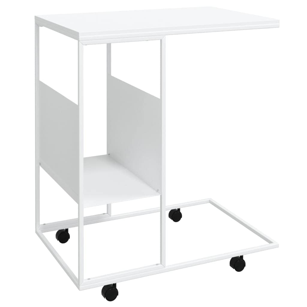 vidaXL Side Table with Wheels, C-Shaped, White - Engineered Wood and Iron, Versatile for Living Room, Bedroom, Office