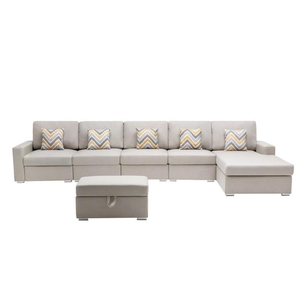 Lilola Home Nolan Beige Linen Fabric 6Pc Reversible Sectional Sofa Chaise with Interchangeable Legs, Pillows and Storage Ottoman