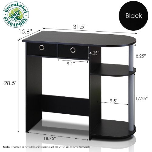 Furinno Go Green Home Laptop Notebook Computer Desk/Table With 2 Drawer Bins, Black/Grey/Black